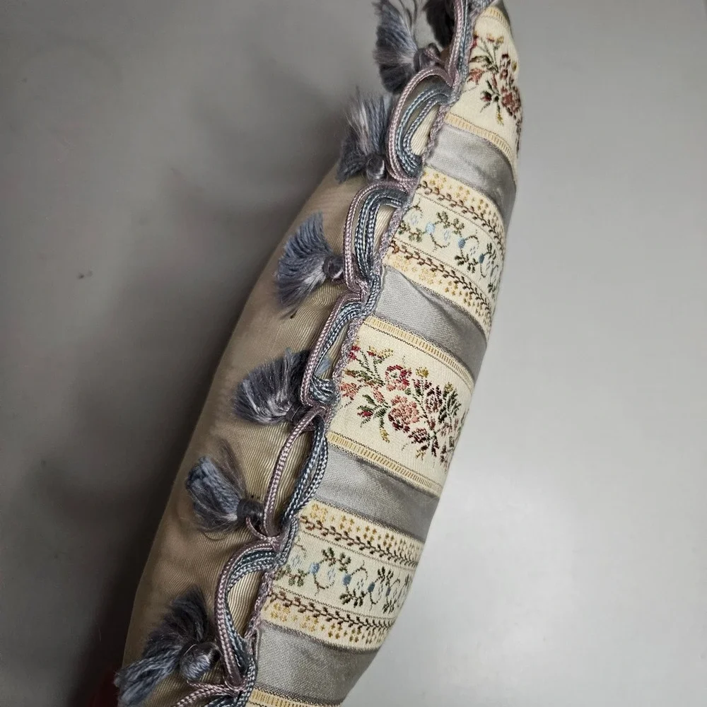 Vintage Floral Tapestry Accent Pillow Striped Tassel Trim Grey Cream 12x8